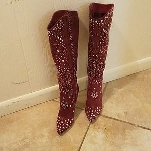 Reita Silver Studded Wine-colored Heeled Boots